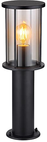 Stehlampe Garten Sockelleuchte modern Außenlampe schwarz, Wegeleuchte wetterfest, Glasschirm rauch Edelstahl matt, 1x E27 Fassung, DxH 14,3x45 cm
