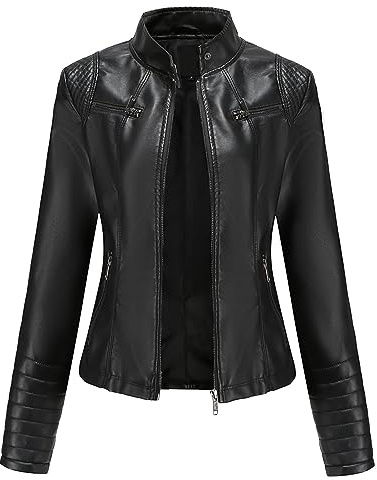 Chaqueta de cuero para mujer, chaqueta fina de cuero PU, cuello alto, chaqueta ligera de entretiempo con cremallera para mujer, chaqueta corta delgada