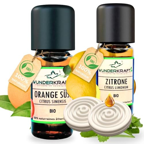 [Fruchtiges Set] BIO Orangenöl + Zitronenöl und 2 Duftsteine - 100% naturreines ätherisches bio Öl von WUNDERKRAFT.BIO, Aromatherapie & Diffuser geeignet, 2x10ml