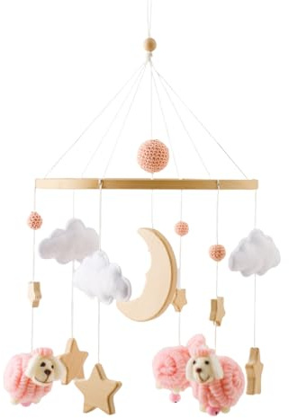 Herfair Mobile Baby Bettglocke mit Sterne Mond Schafe Hölz Mädchen Hängende Mobile Windspiel für Babybett Kinderbett (Schafe Rosa)