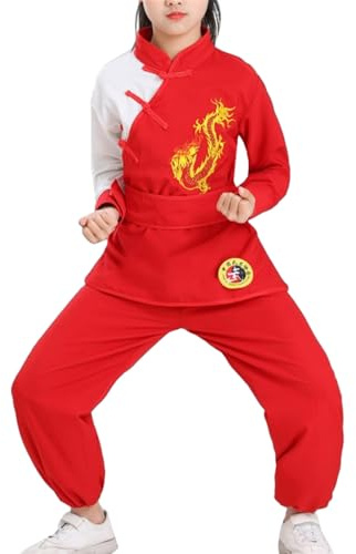 BK FASO Kung Fu Suit for Boys Girls Traditional Outfit Chinese Embroidered Tai Chi Wing Chun Master Martial Arts Sets, Red, 160cm