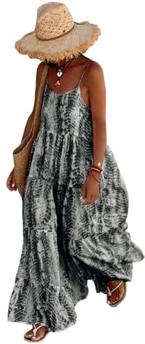 PRETTYGARDEN Women's Summer Casual Dresses 2026 Floral Printed Bohemian Spaghetti Strap Tiered Maxi Dress with Pockets (Black White, X-Large)
