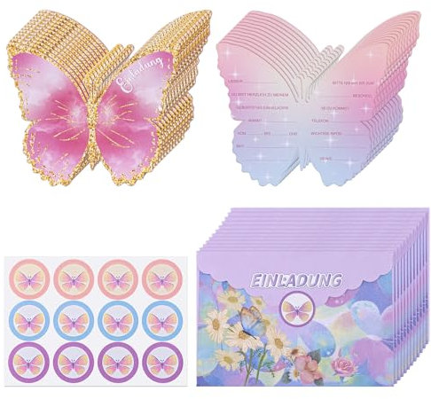 MumdoYAL 12PCS Set Schmetterlings Einladungskarten für Kindergeburtstagsfeier, Einladungs Geburtstagskarten für Mädchen Jungen - 12 Einladungskarten| 12 Umschläge |12 Siegelsticker