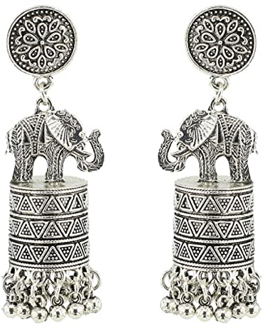 Indische Elefanten Ohrringe, Böhmische Elefanten Jhumka Jhumki Ohrhänger für Frauen, Jahrgang Elefanten Glöckchen Quasten Ohrringe, Punk Elefant Kronleuchter Ohrringe Boho Schmuck (Silber)