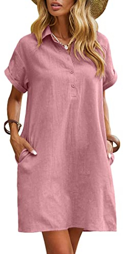 Women Shift Dress Loose Summer Cotton Linen Dress Casual Tunic Dress Pink