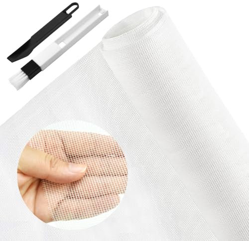 BUZIFU Fliegengitter Fenster 90 x 220 cm Insektenschutz Meterware Fiberglas-Fliegengitter Gewebe Fliegenvorhang Moskitonetz mit Fensterputzbürste, Schutz gegen Mücken für Fenster und Türen (Weiß)