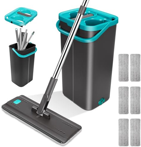 Myiosus Flat Mop and Buckets Sets, Floor Mop Bucket with 144cm Long Handle, 6 Washable Microfiber Mop Pads for Wet & Dry Use, Hands Free Cleaning System for Hardwood Laminate Tile Floors (Blue)