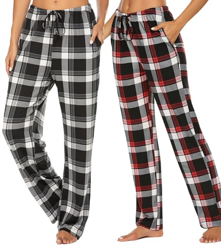 Ekouaer 2-pack dampyjamasbyxor casual dambyxor mjuka loungebyxor rutig sömn pyjamasbyxor med ficka S-XXL, Grupp 22, XL