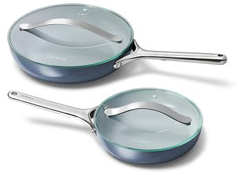 Caraway Ceramic Fry Pan Duo with Glass Lids - Non-Stick Frying Pans (10.5” & 8”) - Non Toxic, PTFE & PFOA Free - Oven Safe & Compatible with All Stovetops – Navy