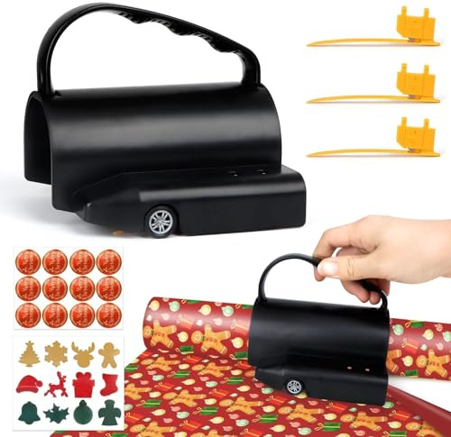 Kalolary Christmas Wrap Roll Cutting Dispenser with Roller, Wrapping Paper Cutter with 3 Replaceable Blade Sets Slider Wrap Cutter with 2 Sheets Christmas Stickers for Wrapping Accessories