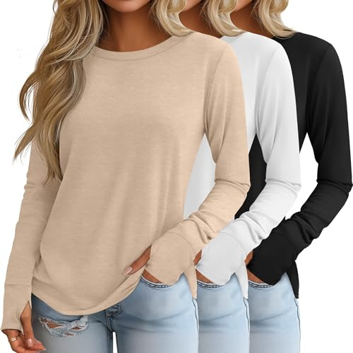 Huukeay 3 Pack Women's Long Sleeve Shirts with Thumb Holes, Cotton Casual Crew Neck Tunic Tops Fall Loose Y2k Trendy Outfits(Black, White, Light Khaki,M)