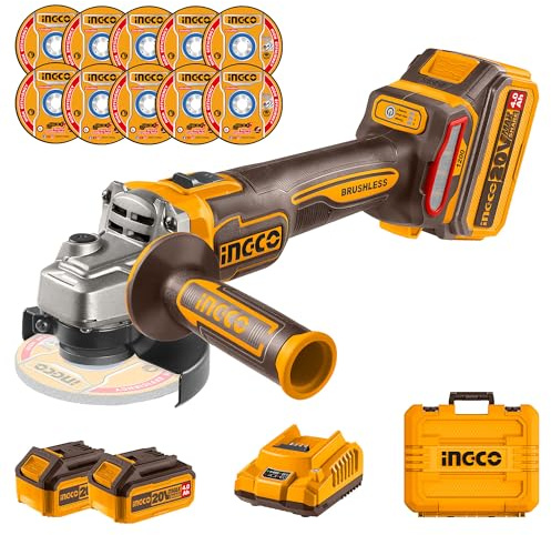 INGCO 20V Cordless Brushless Angle Grinder 125mm, 1200W, 3 Variable Speed 9000RPM, M14, Grinder with 2Pcs 4.0Ah Battery, 1Pcs Charger for Cutting, Grinding, Polishing and Sharpening CAGLI2212533E