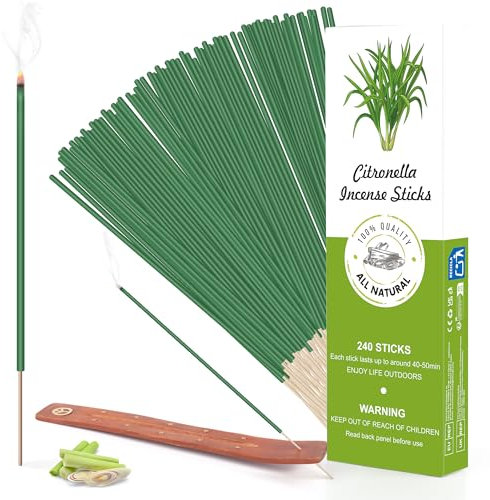 Incienso de Citronela, 200 Horas de duración, Aceite Esencial de citronela Natural, para Exteriores, Jardines, Balcones, Camping y decoración de mesas. 240 Varillas, 50 Minutos de duración Cada una.