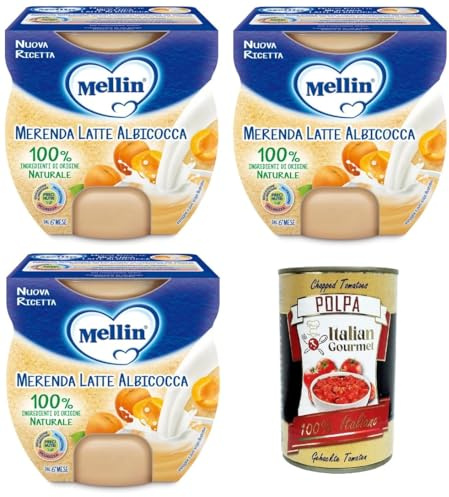 Mellin Merenda Latte e Albicocca al Cucchiaio Milch-Aprikosen-Snack mit Löffel 3x200gr (2x100gr) + Italian Gourmet polpa 400g