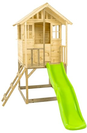 Zwerkules Holz Spielhaus Villa 1 | Kinderspielhaus mit Veranda & Rutsche | FSC-zertifiziertes Kiefer- & Fichtenholz | Naturbelassen für individuelle Gestaltung | Inkl. Holzboden | 137x121x140cm
