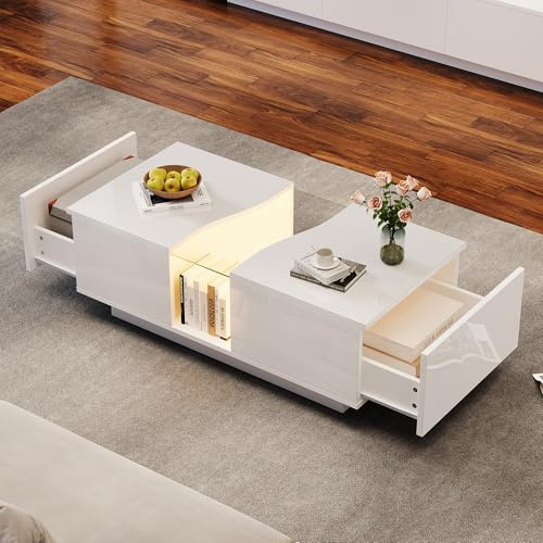 Merax Couchtisch Hochglanz mit LED Beleuchtung, Moderner Wohnzimmertisch mit 2 Schubladen, Acrylplatte, Kreativ Kaffeetisch, Sofatisch Beistelltisch, Rechteckiger Mitteltisch für Büro, Weiß