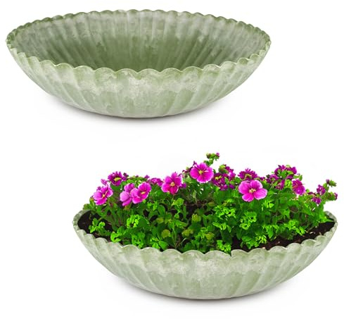 matches21 HOME & HOBBY Gewellte Pflanzschalen für draussen in 22 x 7 cm grün marmoriert als wetterfeste Blumen-Schalen