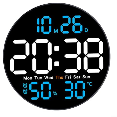 Digitale LED Wanduhr Hygrometer Temperaturanzeige 10 Zoll Mit Fernbedienung Helligkeitsanpassung Alarm Datum Wochentag Timing PVC Mehrfarbig Für Zuhause Büro Wohnzimmer Schlafzimmer Café(Himmelblau)