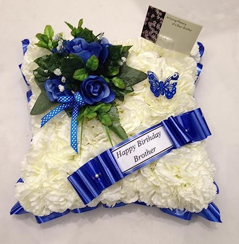 Silky Bouquets Cushion Funeral Tribute in Blue – 13 Silk Flower Cushion with Ribbon Edge | Personalized Memorial in Any Colour with Name Sash & Message Card