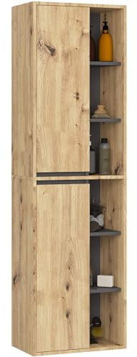 AKORD Bad-Hochschrank Hängend VAMI - 2 Türen, 10 Regalböden - Feuchtigkeitsbeständig - Laminierte Spanplatte - Badmöbel - Hoch Badschrank für Kosmetik - B50xH170xT30 cm - Artisan-Eiche & Graphitgrau