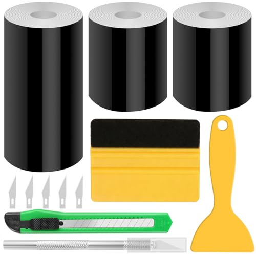 WOOWAIR 3 Rollen Autofolie Schwarz, 7M Lackschutzfolie Auto Selbstklebend(5cmx2+10cmx1), Autofolie Schwarz Glänzend, Kratzfeste Lackschutzfolie mit Rakel Cutter, Car Wrapping Folie für Auto Motorrad
