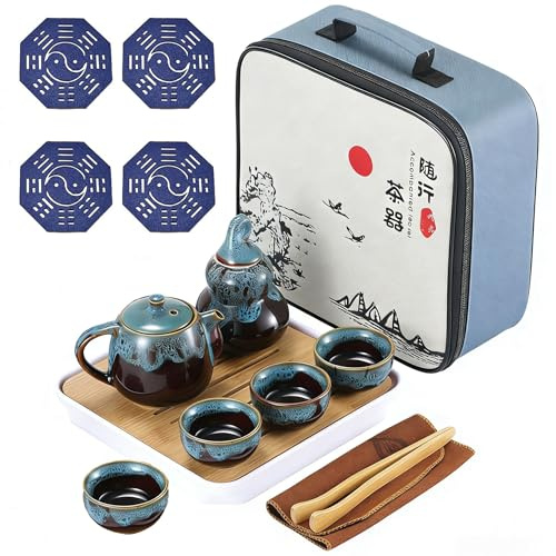 Venhvorer Porcelain Chinese Kungfu Tea Set, Portable Porcelain Travel Tea Set with Tea Cup, Teapot, Tea Mat, Bamboo Tray, Tea Clamp, Dishcloth, and Carrying Bag Suitable for Travel