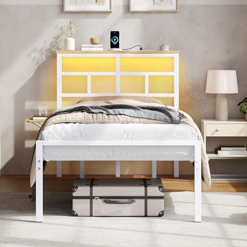 Yaheetech Single Metal Bed Frame with LED Lights Charging Station | 90 x 190 cm Bed Frame | Wooden Storage Headboard | Easy Assembly | White