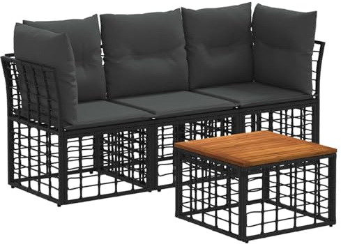 HETFTJN Juego de muebles de jardín de 4 piezas de polirratán, juego de salón para exteriores con mesa de madera de acacia y tapicería, conjunto de sofá modular para jardín y terraza, color negro y