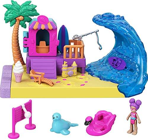Polly Pocket GTM68 - Pollyville Sonnenstrand, kleine Puppe, Tierfigur, tolles Spielzeug Geschenk für Kinder ab 4 Jahren