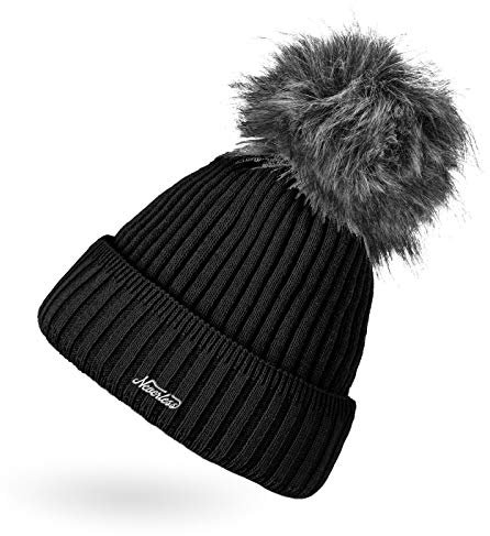Neverless® Damen Strick-Mütze gefüttert Fell-Bommel Kunstfell Bommelmütze Umschlag Rippenmuster schwarz
