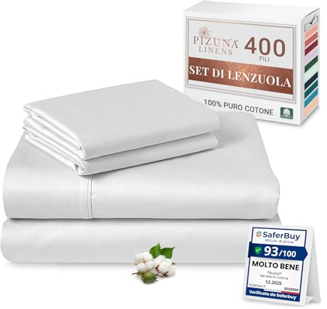 Pizuna Set lenzuola letto king size Cotone 160x200 cm Bianco 400 fili 4Pz | Set lenzuola King Size 100% cotone a fiocco lungo, 160x200 cm, colore Bianco, 400 fili - angoli, sopra, 2 federe