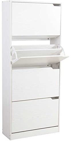 BAKAJI Scarpiera Portascarpe in Legno MDF con 4 Ante Porta Scarpe a Ribalta Maniglie a Scomparsa Doppia Profondità Dimensioni Compatte Slim 63 x 24 x 150 cm Ingresso Casa (Bianco Frassinato)