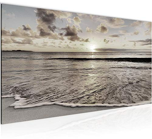 Runa Art Wandbild Sonnenuntergang Strand 1 Teilig 100 x 40 cm Modern Bild auf Vlies Leinwand Welle Schlafzimmer Wohnzimmer Schwarz Weiss 607912c