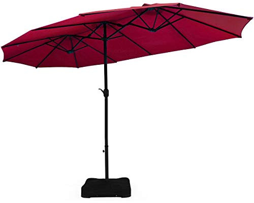 COSTWAY 4.6m Double-Sided Parasol with Base and Crank Handle, Outdoor Extra Large Sun Umbrella, Portable Market Sunshade Shelter Canopy for Garden Patio Beach (Wine)