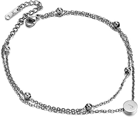 Kim Johanson Edelstahl Damen Fußkettchen *Buchstabe* in Silber Doppelte Fußkette mit 6 Kugeln | Buchstaben A bis Z | Wasserfest | Frauen Boho Schmuck | Verstellbar inkl. Schmuckbeutel