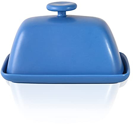Yundu Ceramics Butter Dish with Lid for Countertop,Butter Keeper Container, 6.3″ Long-4.1″ Wide - Matte Blue
