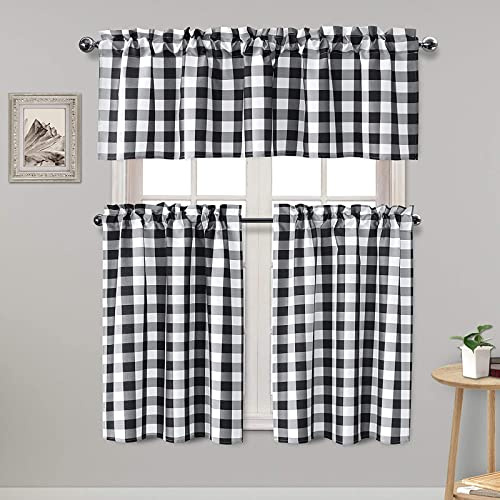 Hiasan 3 Piece Semi Sheer Kitchen Curtains - Light Filtering Buffalo Plaid Tier and Valance Window Curtains Set, Black and White, 52 W x 18 L (1 Panel) + 26 W x 24 L (2 Panels)