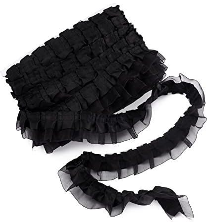 PandaHall Satin-Organza-Spitzenborte, 2-lagig, gerafft, Chiffonband, 4,8 cm, schwarz, plissierte Einfassung, Stoff zum Nähen, bestickte Applikation, Hochzeit, Party, Dekoration, 21,8 m