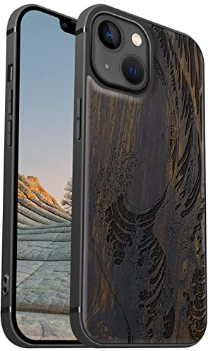 Carveit Magnetisch Hülle für iPhone 13 [Elegante Schwarzholz] [Weich TPU Stoßstange] Stoßfeste Handyhülle Kompatibel mit 13 Magsafe Hülle Holz （Die große Welle vor Kanagawa） | Handyhulle kompatibel MagSafe Massivholz für iPhone 13 Handyhülle Stoßstange Weich TPU Case