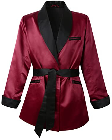 Lucasini Mens Satin Smoking Jacket Fully Lined, Burgundy, S