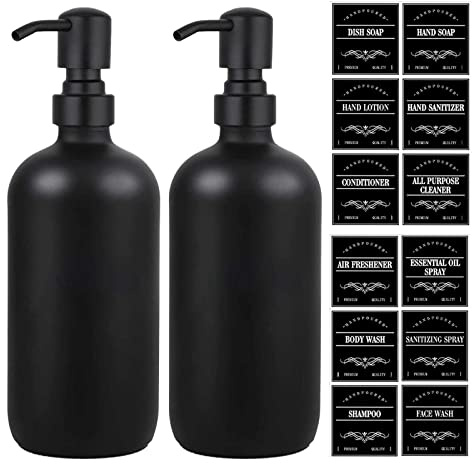 Black Soap Dispenser - Glass Bottle with Stainless Steel Pump, Contains Hand and Dish Soap, Includes 12 Waterproof Labels