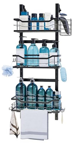 Golden Bell Duschablage zum Hängen, Duschablage Ohne Bohren, Shampoo Halterung für Dusche, Verstellbarer Duschregal hängend 3 Etagen über der Tür Glaswand für Badezimmer, Schwarz