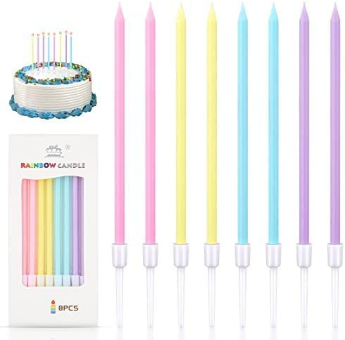 DONQL Bougies Arc-en-Ciel, 32PCS Longues et Minces, Support Inclus, Idéal pour les Fêtes d'Anniversaire et de Mariage