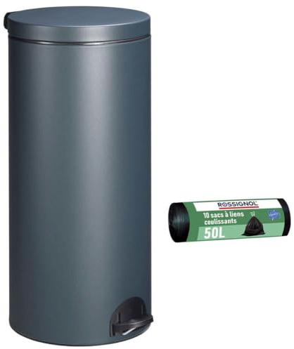 ROSSIGNOL Poubelle de cuisine à pédale et 10 sacs-poubelle, Capacité 30L, Fabrication française, Seau intérieur amovible avec anse, Pratique ELORA