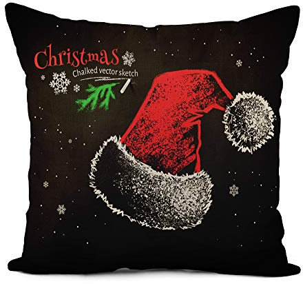 Leinen Kissenbezug 45x45cm Farbe Kreide Skizze von roten Weihnachtsmann Hut auf schwarzer Kreidetafel Weihnachten Zeichnung Wohnkultur Wurfkissenbezug quadratischer Kissenbezug für Bett Sofa