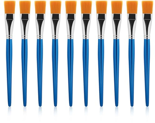10pc 1in Flat Synthetic Paint Brushes - Wide, Watercolor Quality, Wooden Handle for Acrylic, Oil, Crafts, Face & Body