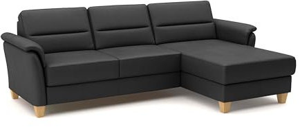 CAVADORE Leder-Ecksofa Palera mit Longchair / Landhaus-Couch mit Federkern + massiven Holzfüßen / 244 x 89 x 163 / Leder Schwarz