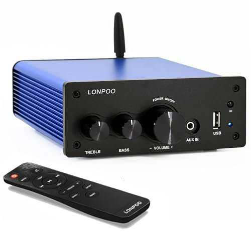 LONPOO Mini Amplificatore 200W con telecomando, Bluetooth Amplificatore Stereo, Optical, COAX, USB, ingresso AUX, uscita audio a 2 canali L/R (615 Blue)