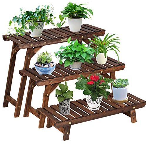 RELAX4LIFE Blumentreppe 3 tlg., Blumenregal aus Holz, Blumenständer mit 3 Ebenen, Pflanzenständer Freistehend & Kombinierbar, Pflanzentreppe für Balkon Terrasse Garten