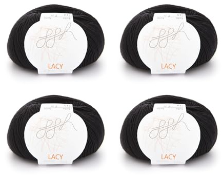 ggh Lacy Set | 4x25g (insgesamt 100g) Set| 150m/25g Merinowolle mit Seide zum Stricken | Farbe 010 - Schwarz